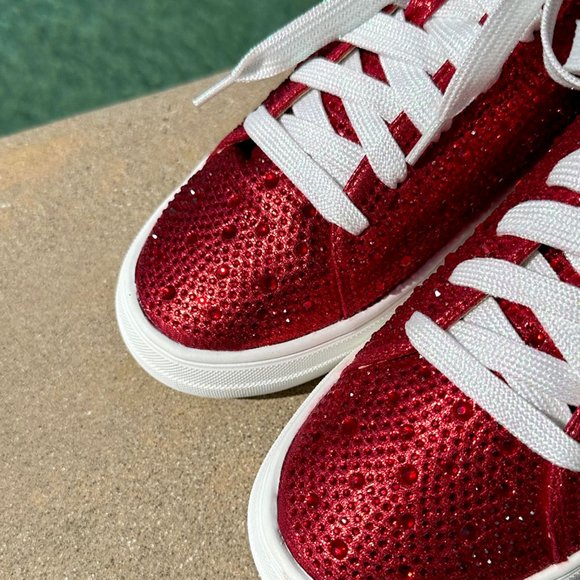 NEW🔥 Sparkling Red Rhinestone Crystal Embellished Lace Up Flat Platform Sneaker - Picture 5 of 8